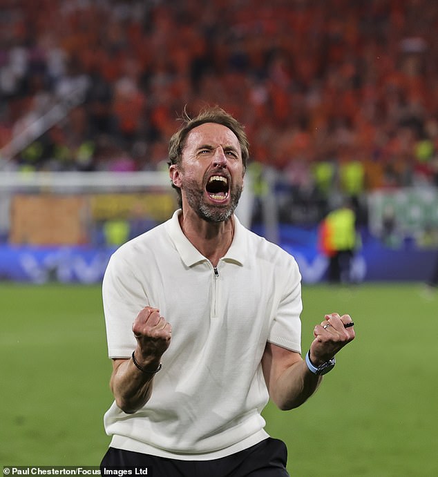 England manager Gareth Southgate celebrates his team reaching the final of Euro 2024 on Sunday by beating the Netherlands