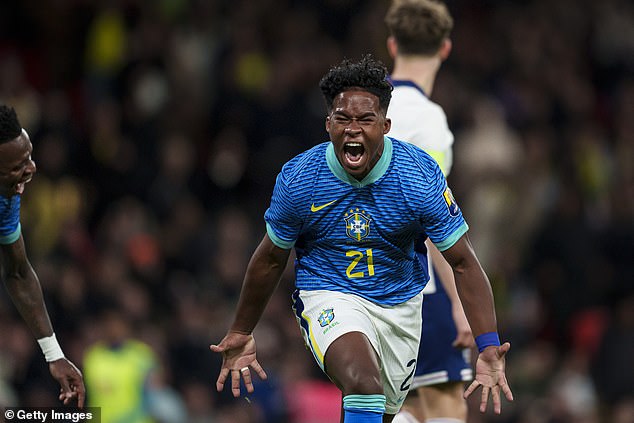 Endrick scored his first goal for Brazil in a 1-0 win over England at Wembley in March