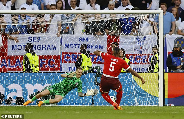 Pickford dived to save Manuel Akanji's penalty, the only missed penalty of the entire shootout