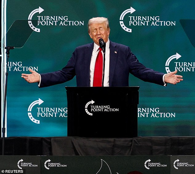 Republican presidential candidate and former U.S. President Donald Trump speaks at Turning Point Action's The Believers Summit 2024 in West Palm Beach, Florida, U.S., July 26