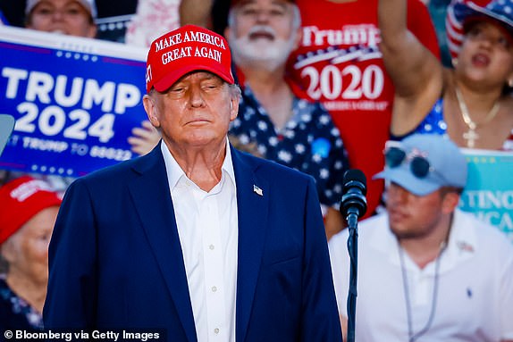 Former U.S. President Donald Trump during a campaign event at the Trump National Doral Golf Club in Miami, Florida, U.S., on Tuesday, July 9, 2024. Trump injected reality TV-level drama into his Miami rally, repeatedly teasing but not announcing Rubio as his running mate, in an effort to draw maximum attention to his vice presidential selection. Photograph: Eva Marie Uzcategui/Bloomberg via Getty Images