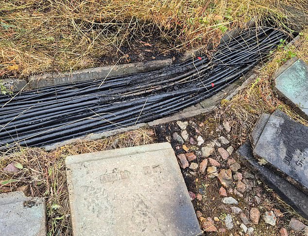 Charred cables near a railway line in Courtalain after reports of 'arson' on railway infrastructure on Friday