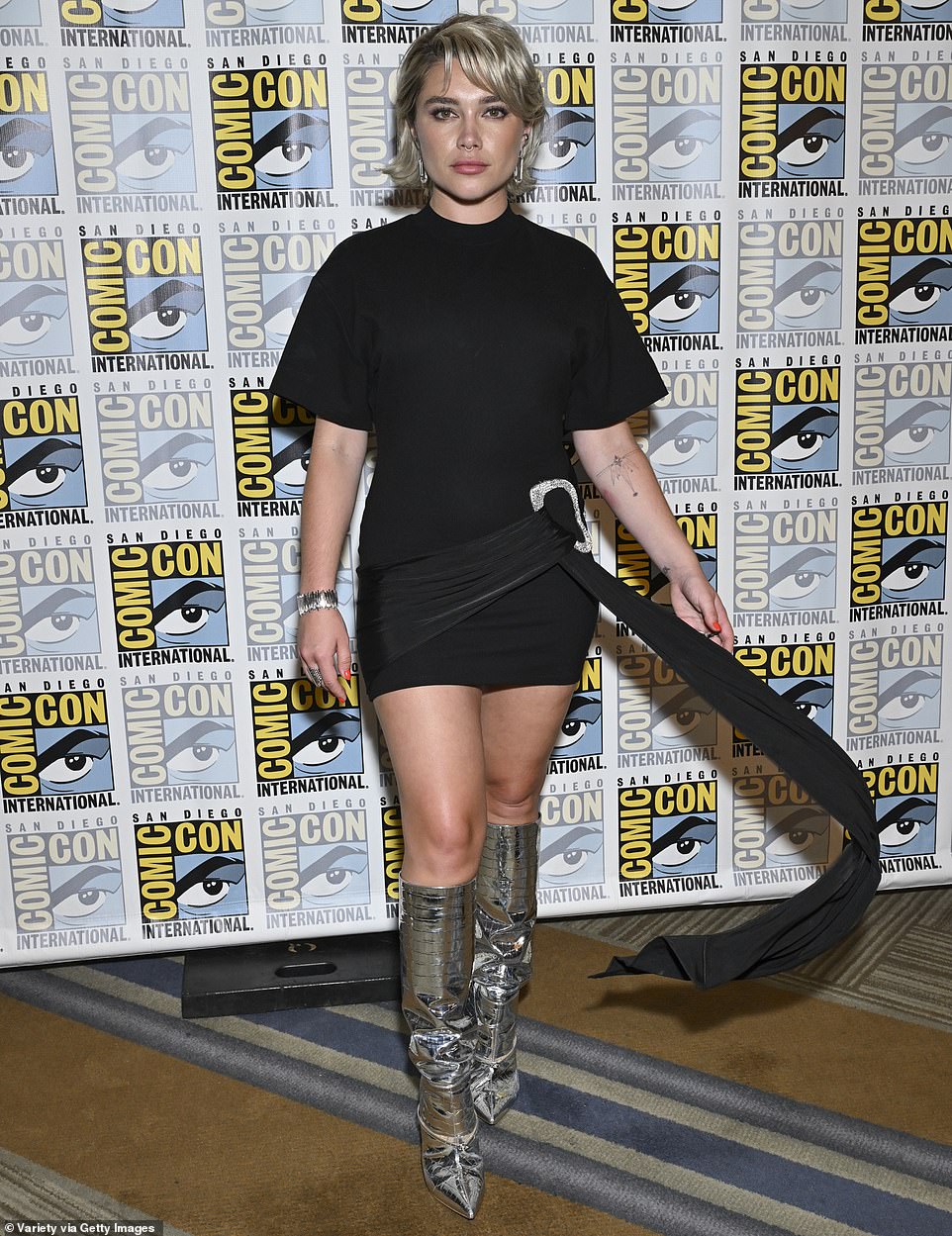 Pugh, who takes on the role of Yelena Belova in the upcoming Marvel film Thunderbolts, showed off a long, lanky figure in a form-fitting black minidress that hugged her body