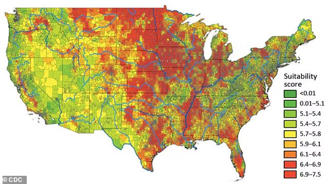 Above you can see areas in the US that are likely suitable for the fungus histoplasma to live