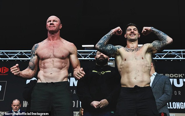 AFL legend Barry Hall (left) has gained 10kg of muscle mass ahead of a boxing match with Curtis Scott (right, pictured together at their weigh-in)