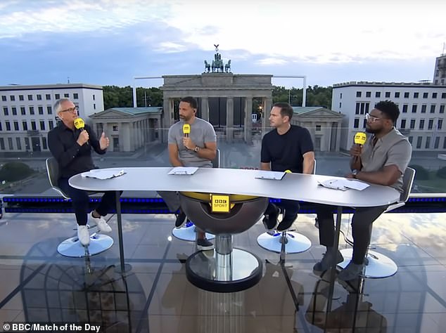 Gary Lineker, Rio Ferdinand, Frank Lampard and Micah Richards (left to right) pictured during BBC One's analysis of England's Euro 2024 quarter-final win over Switzerland