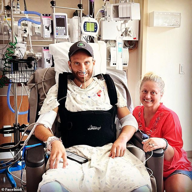 Jeff Jones (pictured in hospital with his sister Amy) after falling 25 feet from a bridge in Austin and believes he was pushed by the 'Rainey Street ripper'