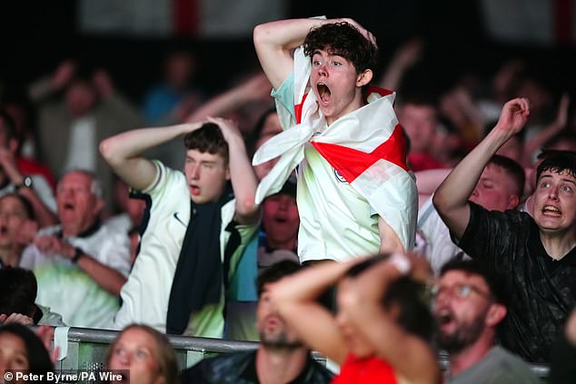 During the match, England fans are subjected to a rollercoaster of emotions and physical changes that they simply cannot control. Pictured: Fans in Manchester on Wednesday