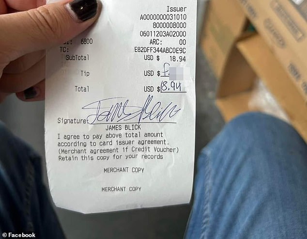 After they left, he was shocked to see that one of the group's receipts had no tip in it, and that the line was filled in with the word 