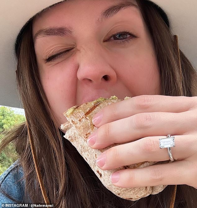 Kate Mansi, 36, hilariously announced her engagement to Matt McInnis on Friday with a photo of herself showing off her massive diamond ring while biting into a burrito