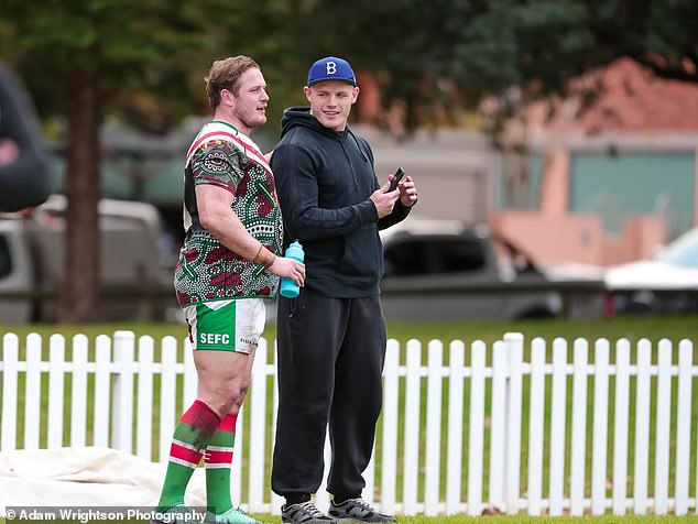 Former NRL mainstay George Burgess has made his football comeback with Sydney's A-Grade team the South Eastern Seagulls, as his identical twin brother Tom looks on (pictured)