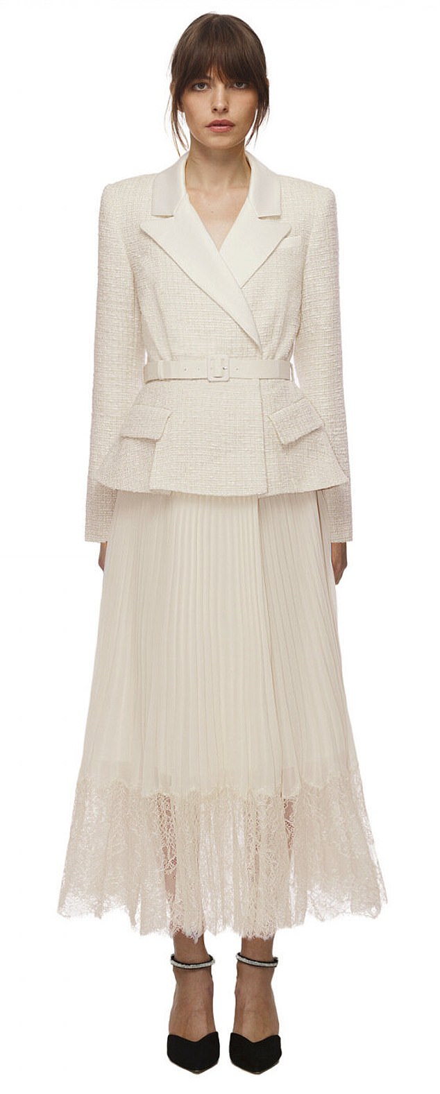 This Self Portrait Cream Tailored Bouclé and Chiffon Midi Dress was £400 but is now £280