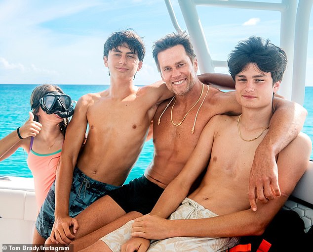 Gisele co-parents Vivian (left, pictured June 16) and her 14-year-old son Benjamin Rein Brady (2-left) with seven-time Super Bowl champion Tom Brady (2-right), whom she divorced in 2022 after 13 years of marriage.