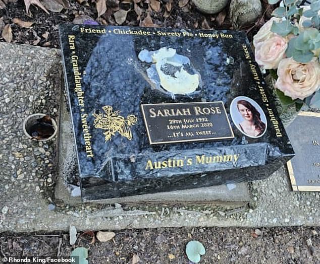 The family of a mother who died of cancer, Sariah Rose, 28, are furious after a vandal destroyed her gravestone on what would have been her 32nd birthday (pictured)