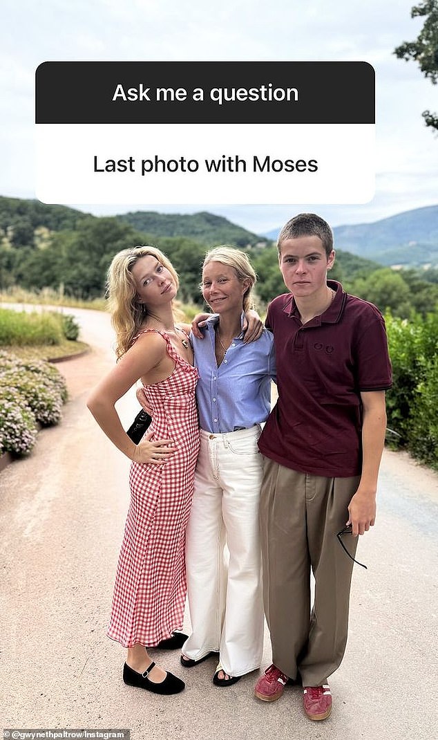 Gwyneth Paltrow shared a sweet family photo with her two children Apple, 20, and Moses, 18, while hosting an Instagram Q&A for her 8.6 million followers on Friday