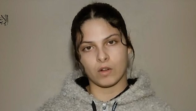 Daniela Gilboa, 19, was forced to film a sick propaganda video for Hamas (pictured above) in which she looks emaciated and scared as she pleads: 'I'm terrified for my life'