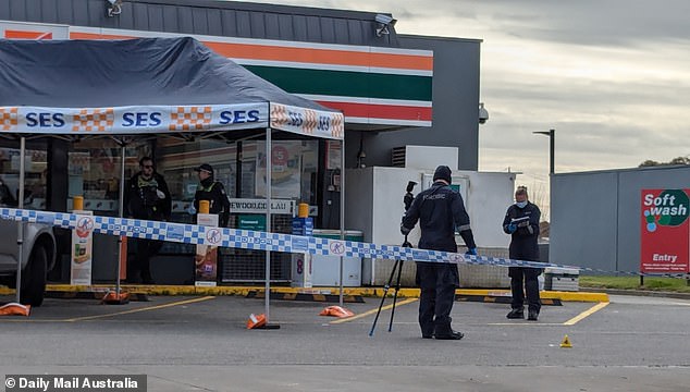 Mr. Briggs was confronted by police officers in the parking lot of a 7-Eleven convenience store in Hoppers Crossing in the early morning of July 15. Police are pictured at the scene.