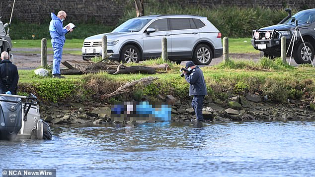 Victoria Police said a member of the public first spotted the man's body in the water at Saltriver Place in Footscray around 9am on Sunday (pictured: police at the scene)