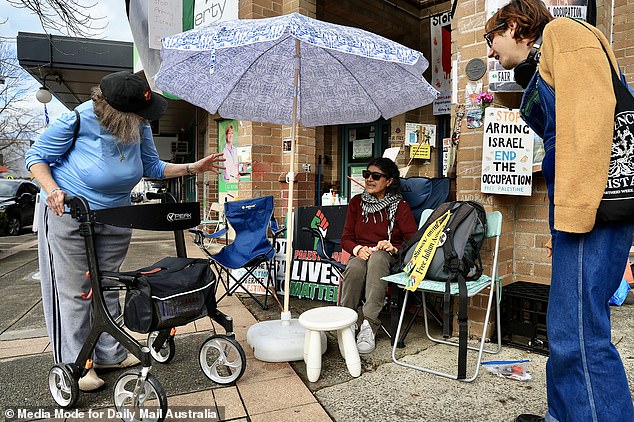 The outside of the Prime Minister's office in Marrickville, in Sydney's west, has been occupied by a pro-Palestinian camp, preventing voters from reaching the office.