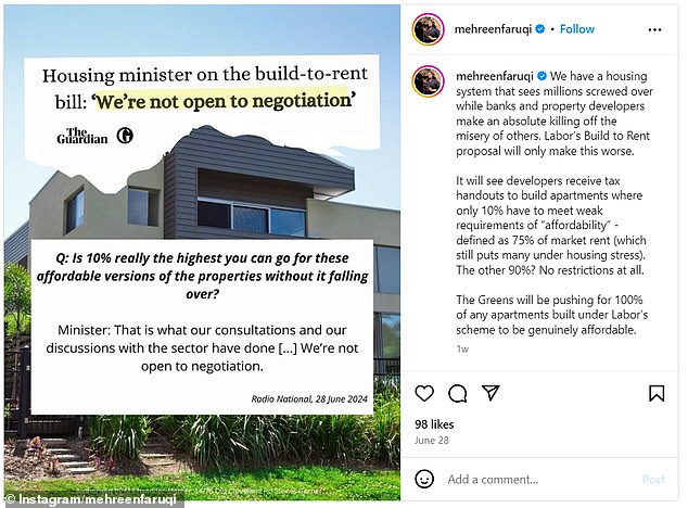 Senator Faruqi criticized the Albanian government's solution to the housing crisis in an Instagram post last week (photo)