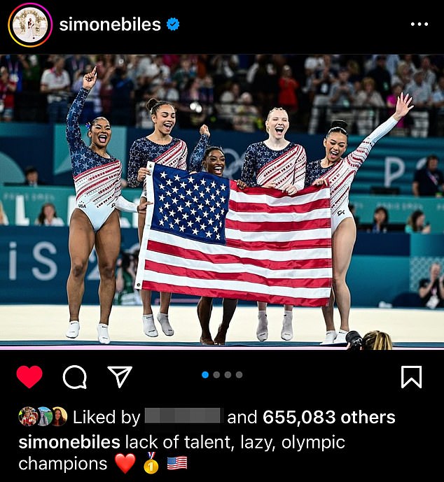 Biles was referring to Skinner's controversial opinion on the current U.S. gymnastics team after their gold medal victory on Tuesday