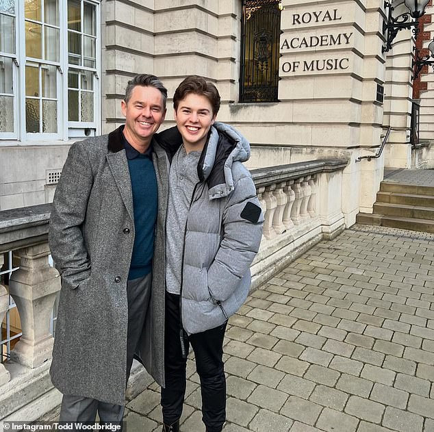 Todd Woodbridge is pictured outside the Royal Academy of Music in London with his son Beau, who recently graduated from the prestigious school