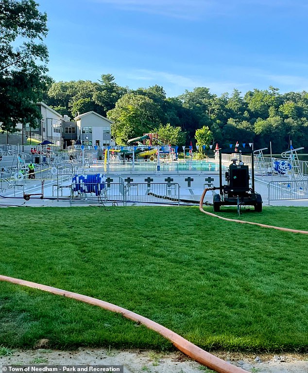 A pool visitor dropped the glass jar that had fallen onto the deck in the corner of the competition pool on July 14, causing glass to spill into the pool