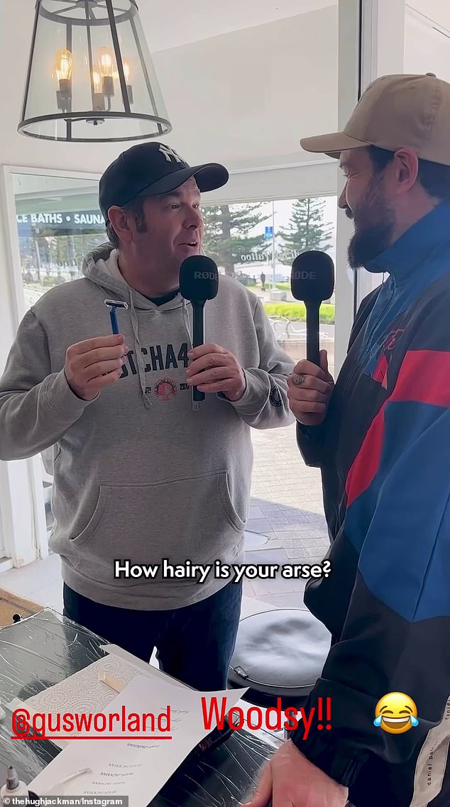 Footballer Aaron Woods (right) placed the bet with Hugh's childhood friend Gus Worland (left), who co-hosts the radio show The Rush Hour with Gus & Jude