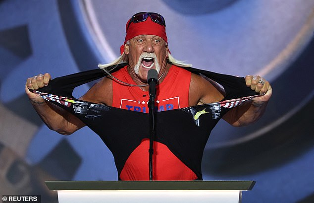 Wrestling great Hulk Hogan ripped off his shirt to reveal a Trump-Pence tank top during a wild speech onstage Thursday night at the Republican National Convention