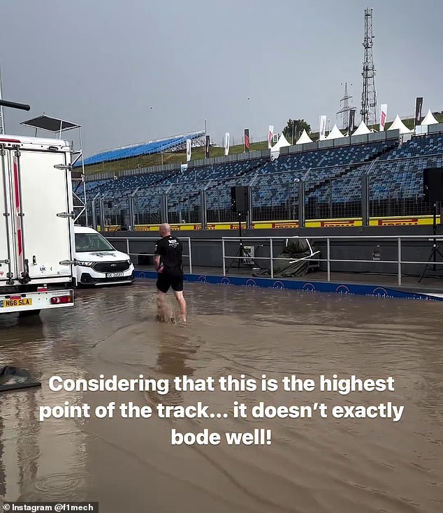 A view of the flooding in the pit lane of the Hungarian GP at the suspected 'highest point of the circuit'