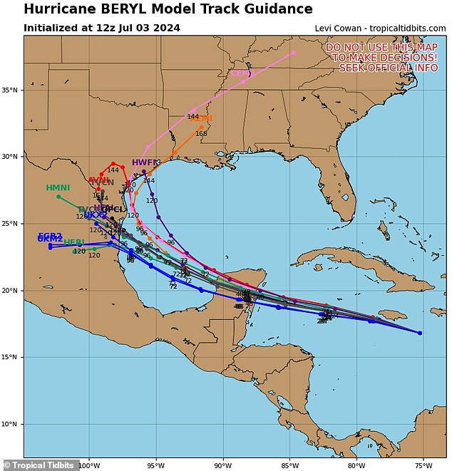 Hurricane Beryl is expected to tear through six U.S. states, according to a scary model shown here on the pink line. Each of the different colored strands are spaghetti models that represent a possible path for the storm, depending on various meteorological factors.