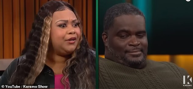 A woman named Dominique has revealed how shocked she was when she discovered her boyfriend had texted 39 different women during their relationship (Pictured: Dominique confronts her boyfriend Christopher on the Karamo Show)