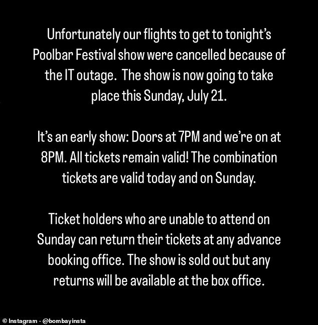 In their announcement, Bombay Bicycle Club said they would be performing on Sunday and that tickets would be valid for Friday. Those who can't make it on Sunday will get their money back.