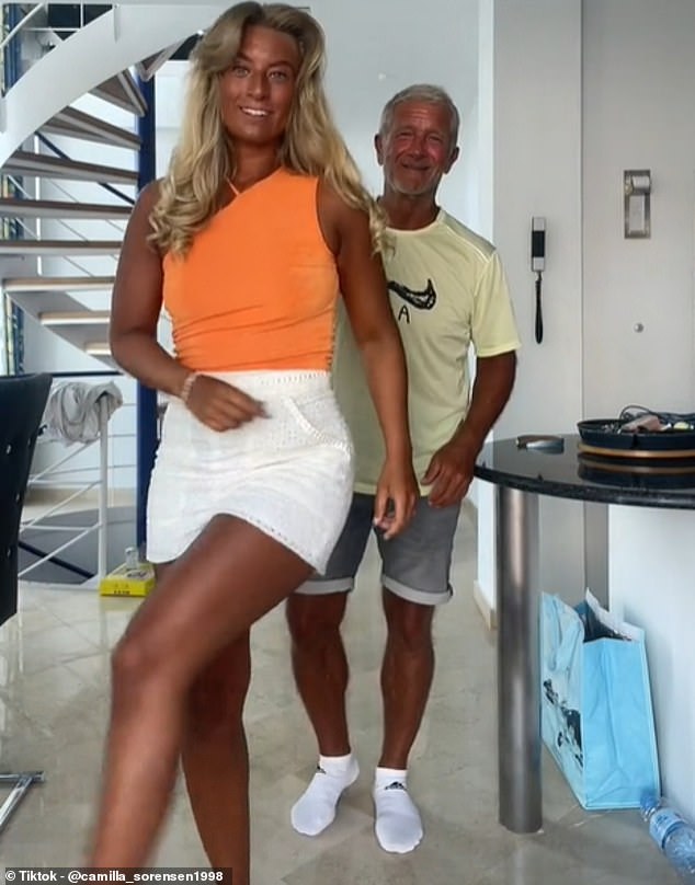 Sørensen dances in a video with her 40-year-old father, who also has a heavy tan, and users comment that they look the same age