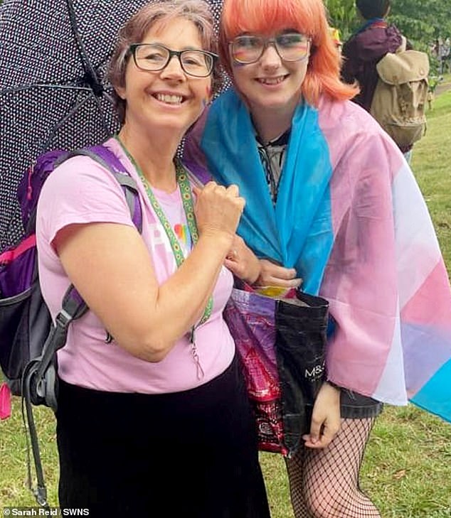 Sarah Reid, a mother from Kingswood, south Gloucestershire, has revealed she looks so young that she is often mistaken for her teenage son's boyfriend (pictured: Sarah, 43, and her son Damien, 19, at a Pride event a few years ago)