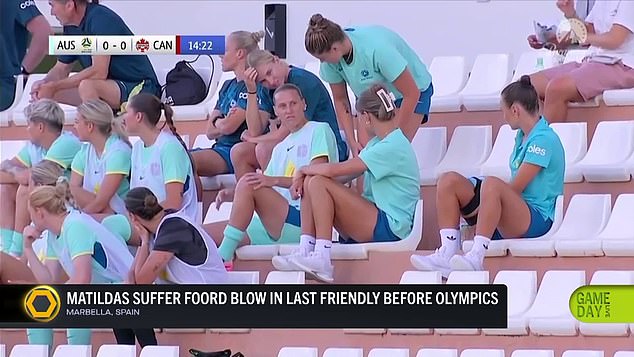 Star player Caitlin Foord (pictured right) was forced to withdraw from the match at the last minute after developing stiffness in her quadriceps during her warm-up. She was later seen with her leg strapped up.