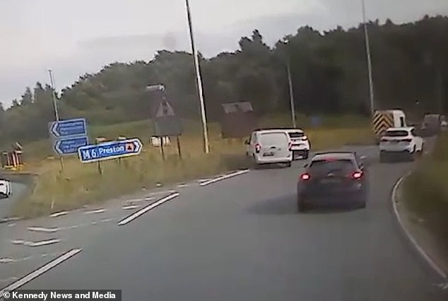 The incident began after the van appeared to take the wrong lane at the roundabout, before they appeared to meet as they merged into the same lane as the car. The car then swerved sharply in front of the van, causing them both to end up on the grass verge