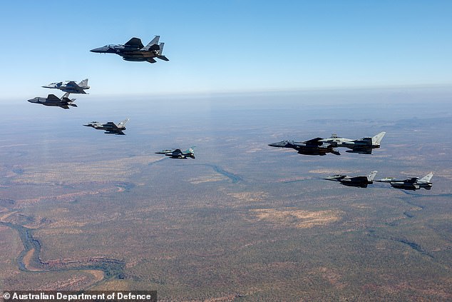 Fighter jets fly in formation near Darwin as part of Exercise Pitch Black