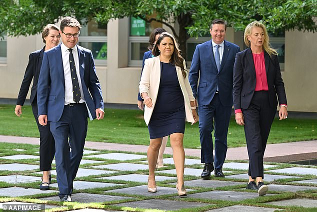 Shadow Minister for Indigenous Australians Jacinta Nampijinpa Price is pictured arriving at a press conference in February, alongside Nationals leader David Littleproud and Shadow Minister for Infrastructure Bridget McKenzie