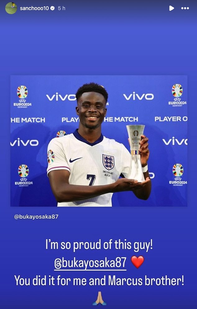 Jadon Sancho praised Bukayo Saka after England advanced to Euro 2024 semi-finals