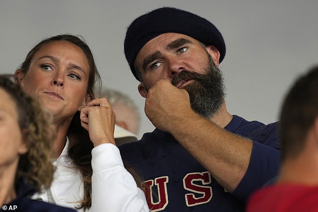 Jason Kelce and his wife Kylie were photographed watching hockey at the Paris Olympics on Saturday