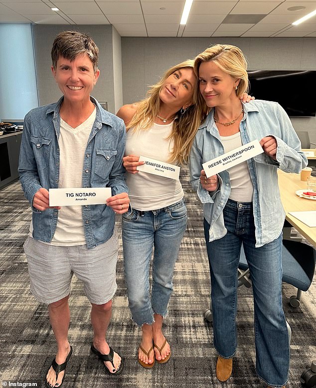 Aniston, Reese and Tig Notaro were on the set of season four of their hit Apple TV+ series The Morning Show on July 8