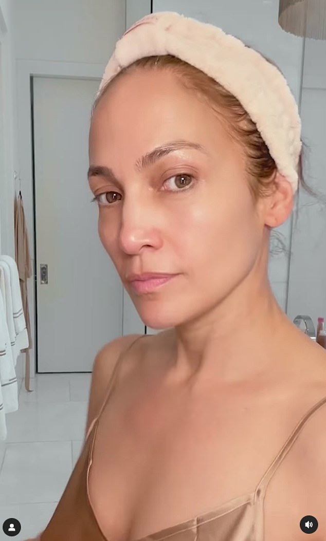 Ben Affleck's estranged wife Jennifer Lopez posted a new video to her JLo Beauty Instagram page on Friday. The 54-year-old diva was seen completely makeup-free with her hair pulled back while wearing lingerie in a bathroom