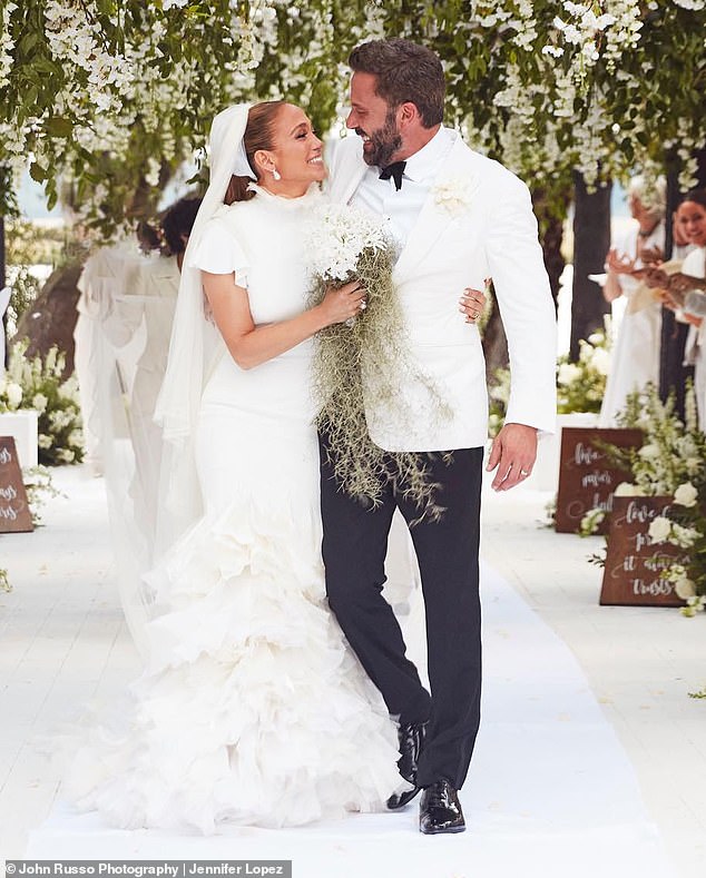 Lopez and Affleck reconnected in 2021 and married in a Las Vegas ceremony in July of that year, before having a lavish wedding at his Georgia estate in August 2022 (pictured)