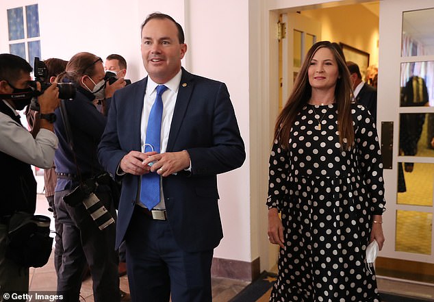 Sen. Mike Lee, R-Utah, with his wife Sharon Lee, at the White House in 2020. Lee said his wife told him that President Joe Biden had completely forgotten who she was and asked her if she worked in the East Wing of the White House. After she told him no and that she was Sen. Lee's wife, he asked her again if she worked in the West Wing of the White House