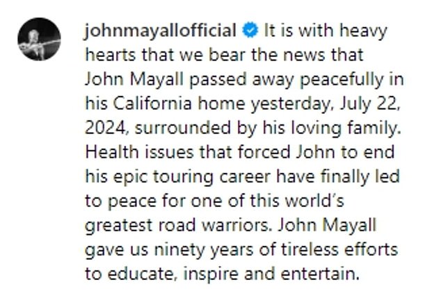 Today a statement was released on John Mayall's official Instagram page announcing his passing