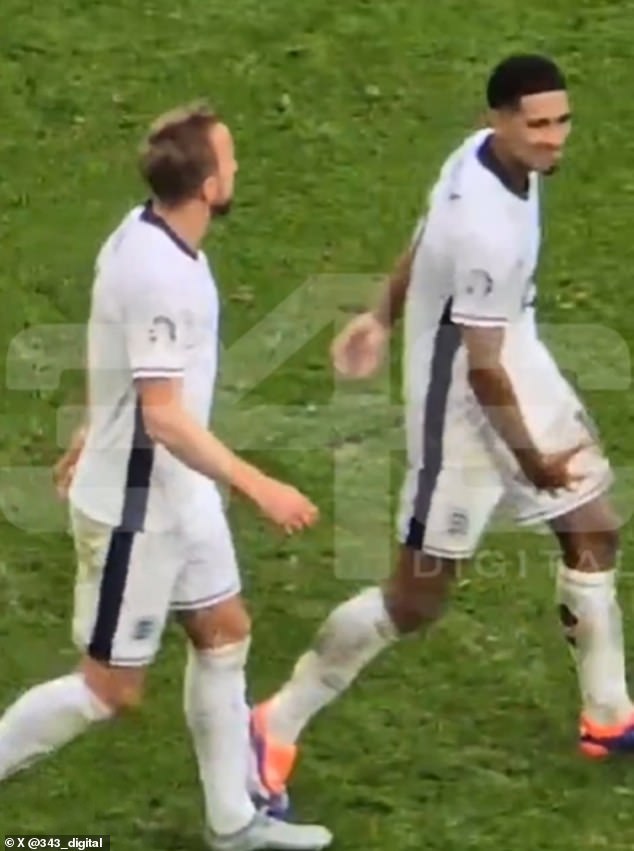 Jude Bellingham (right) appears to gesture to his groin as he walks onto the field