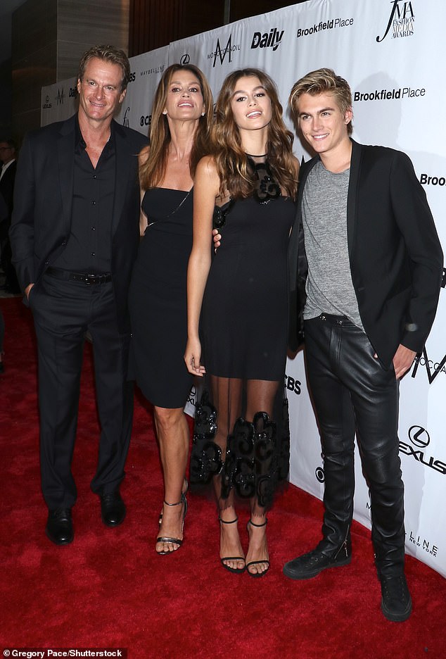 Cindy has a daughter Kaia and a son Presley Gerber, 25, with her husband Rande Gerber, whom she married in 1998 (pictured together in 2016)