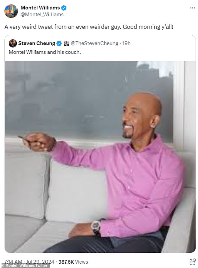 Talk show host Montel Williams responded to Trump's campaign after a post showed him sitting on a couch