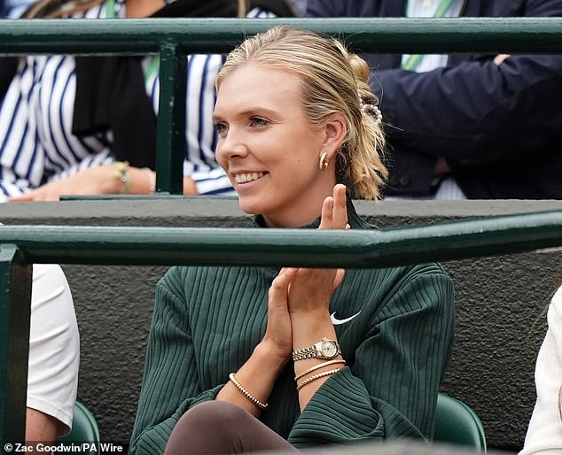 Katie Boulter (pictured) watched her boyfriend Alex de Minaur defeat Arthur Fils in the last 16 of the men's singles at Wimbledon